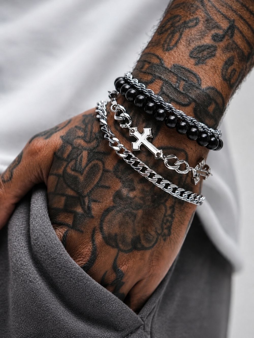 Stainless Steel Cross Bracelet Set – 4 Piece Layered Bracelet Collection